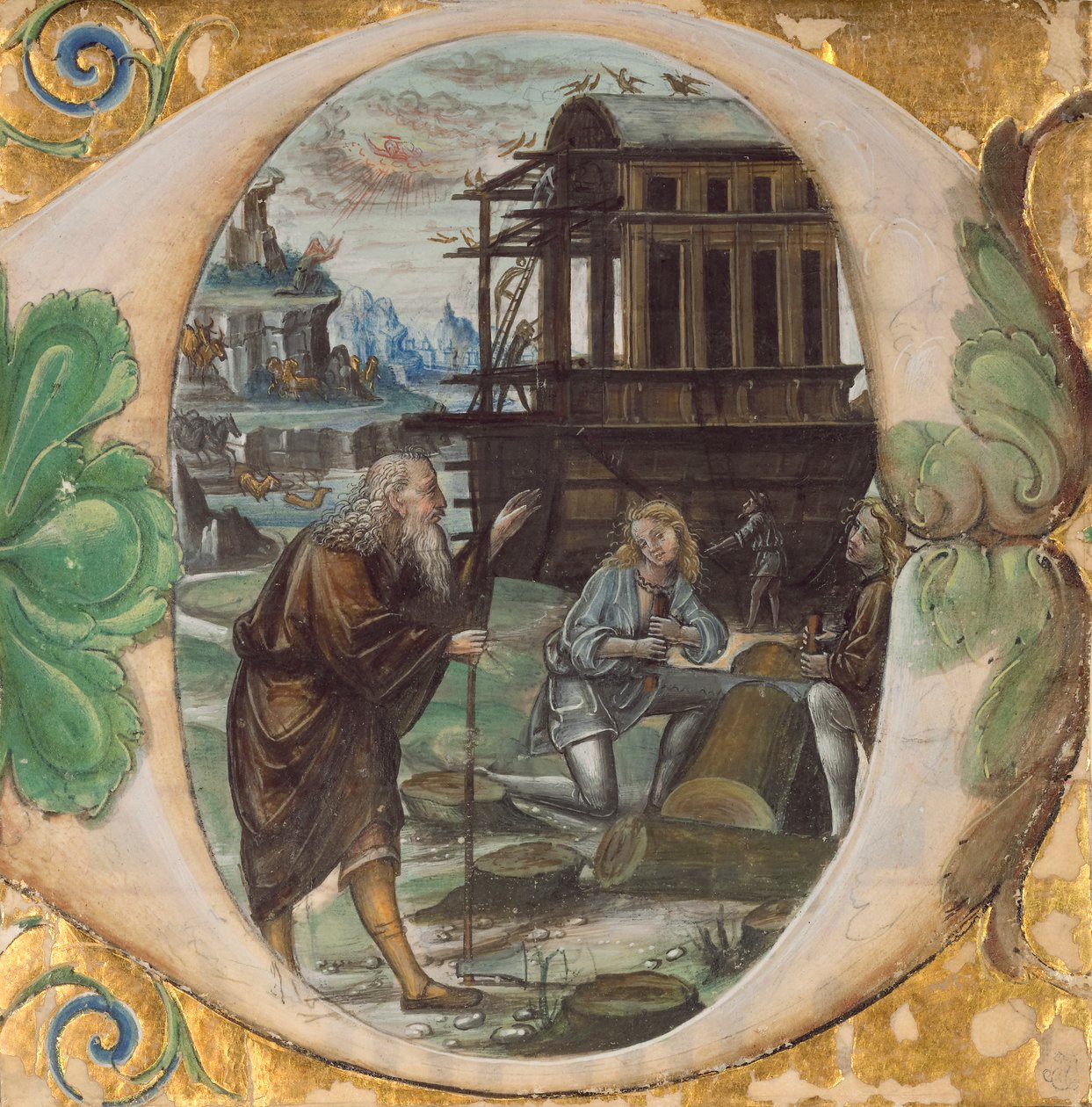Kezdő D: Noé irányítja a bárka építését, 1500 körül (tempera, aranylevél és tinta pergamenen) alkotó: Master of the Monogram B.F Master of the Monogram B.F