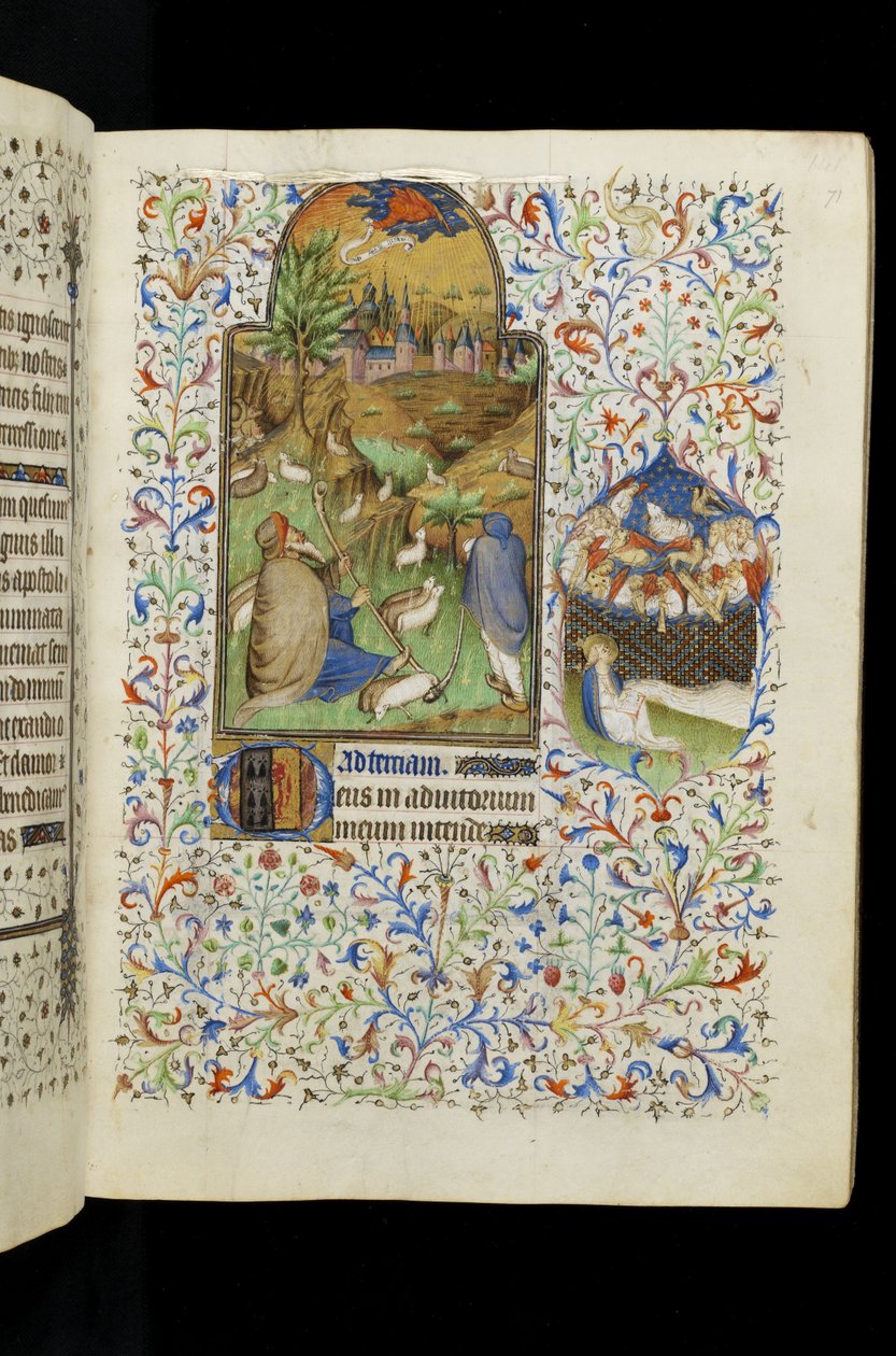 MS 62 f.71r A Szűz szintje: Angyal megjelenik a pásztoroknak, az órák könyvéből alkotó: Master of the Rohan Hours