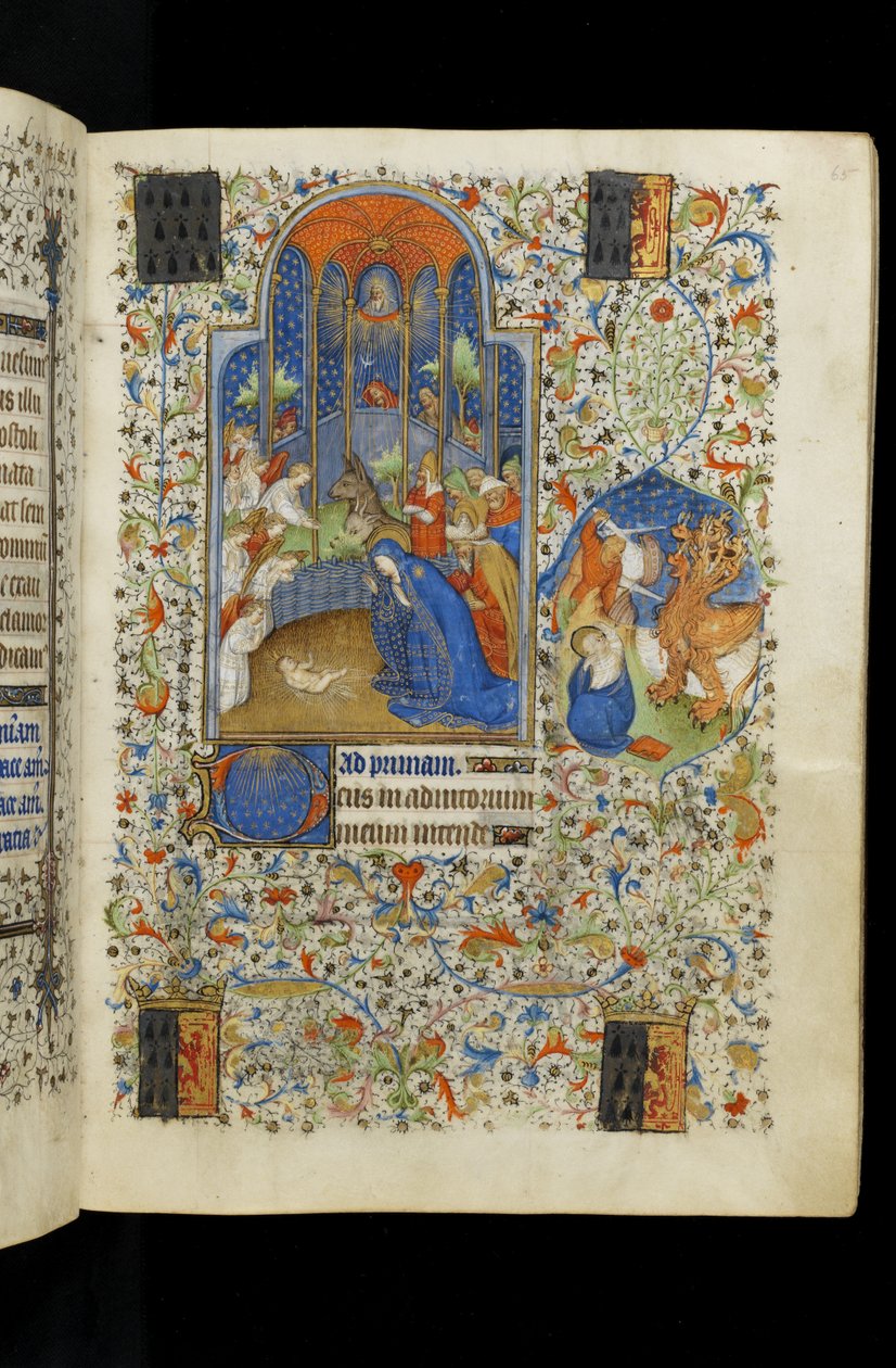 Ms 62 f.65r A Szűz és József imádják a Kisded Krisztust, az Órák könyvéből, 1418 körül alkotó: Master of the Rohan Hours