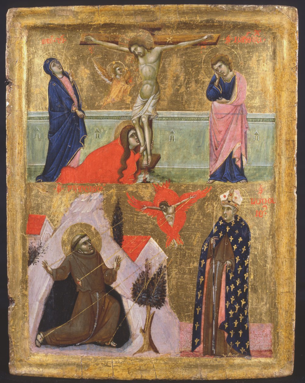 Keresztre feszítés és Assisi Szent Ferenc és Toulouse-i Szent Lodovicó stigmái (tempera a panelen) alkotó: Master of the Sterbini Diptych