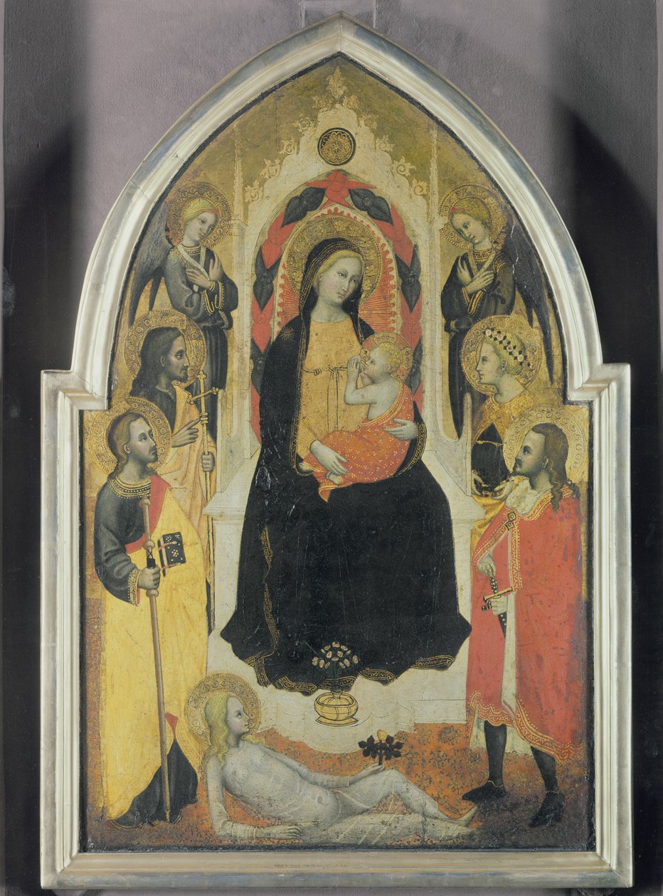 Szűz és gyermek angyalokkal és szentekkel, 1390-95 körül (tempera a panelen) alkotó: Master of the Straus Madonna