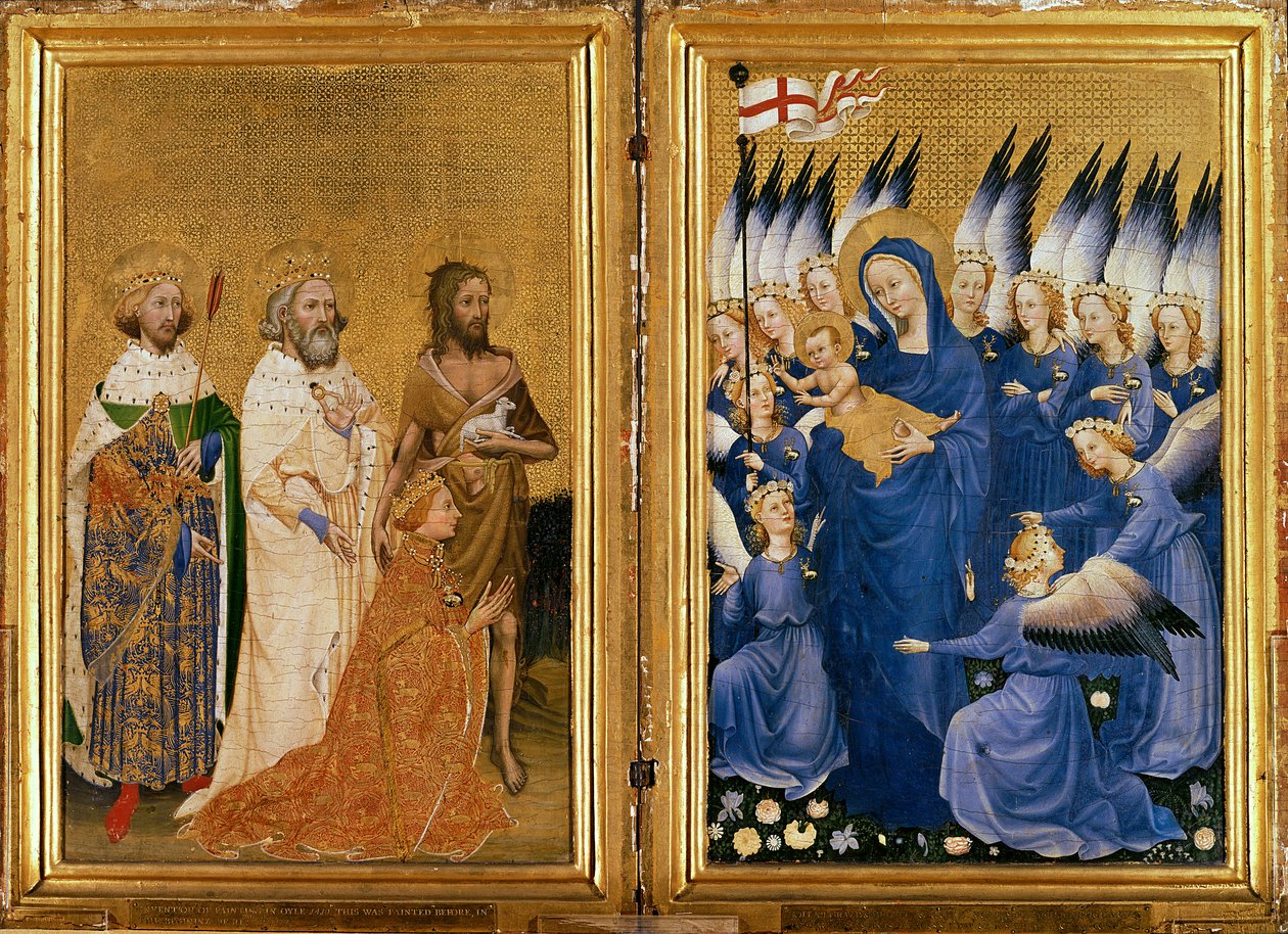 II. Richárd átadta a Szűznek és a Gyermeknek Keresztelő Szent János védőszentje, valamint Edward és Edmund szentek, 1395-99 körül (tojástempera tölgyen) alkotó: Master of the Wilton Diptych