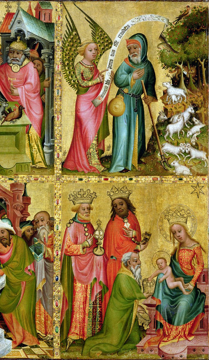 Angyali üdvözlet Szent Joachimnak és a Mágusok imádása, a Buxtehude-oltár bal szárnyából, 1400-10 (tempera a táblán) (159469 részlet) alkotó: Master Bertram of Minden