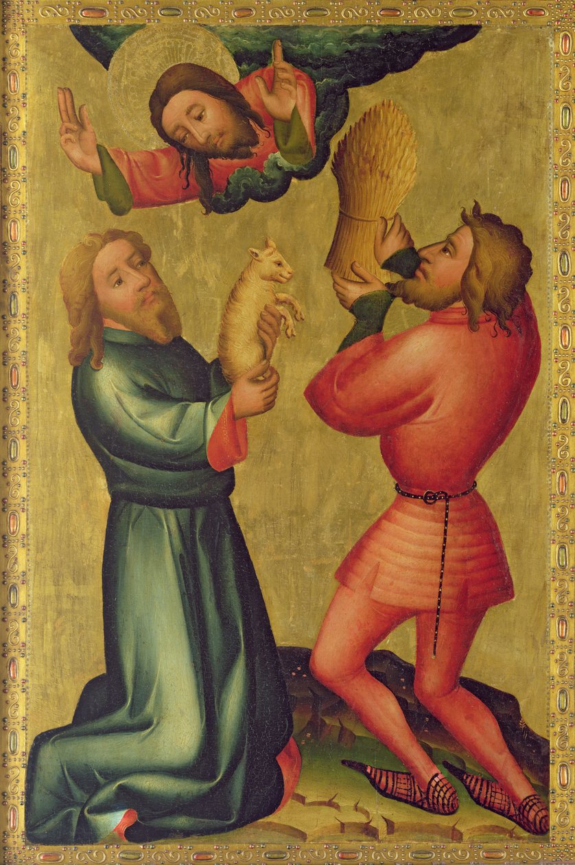Káin és Ábel áldozatai a hamburgi Szent Péter-főoltárról, The Grabower Altar, 1383 (tempera a táblán) alkotó: Master Bertram of Minden