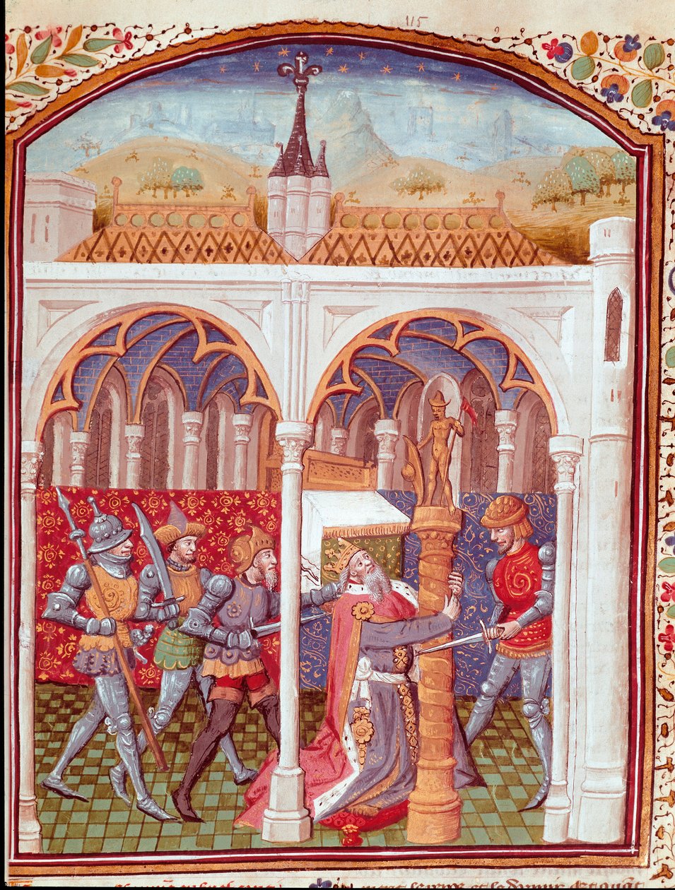 Egy miniatűr király meggyilkolása a „nemes férfiak és nők szerencsétlenségeinek eseteiből” (De casibus) Giovanni Boccaccio dit Jean Boccaccio (1313-1375) olasz írótól, Laurent de Premierfait fordításában és Dunois mestere által megvilágosítva. 15 alkotó: Master Dunois