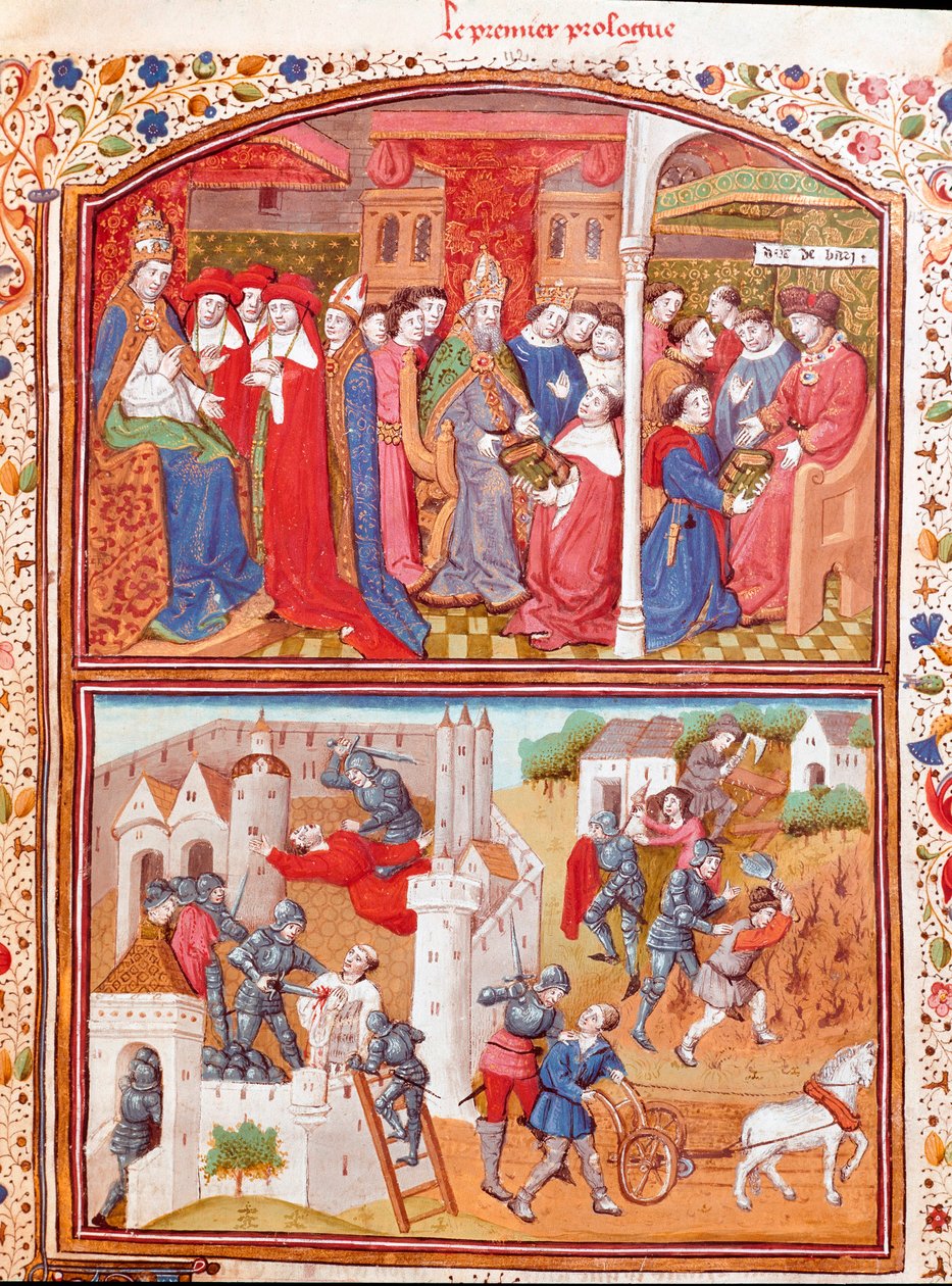 Prológus: a szerző bemutatja könyvét Berry hercegének és a szántók lemészárlásának jelenetét Giovanni Boccaccio dit Jean Boccace (1313-1375), olasz író „” Nemes férfiak és nők szerencsétlenségeinek esetei” című miniatúra (De casibus) , fordította La alkotó: Master Dunois