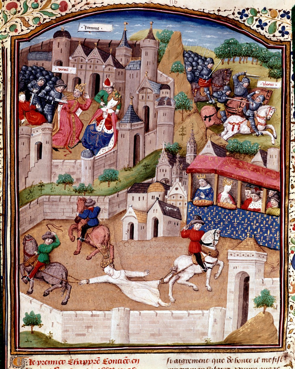 Brunehaut gyötrelme Brunehilde meroving királynőt (543-613) három ló távolítja el Clotaire király (Clothaire) parancsára. Boccaccio ( alkotó: Master Dunois