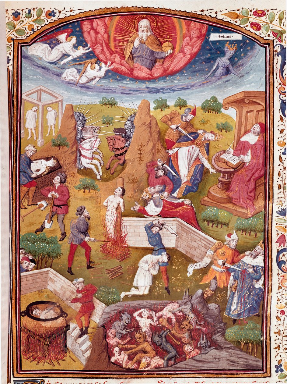 Boccace víziója: kínzás, akasztás, mészárlás jelenete Miniatűr a „Nemes férfiak és nők szerencsétlen esetei” című filmből (De casibus) vett Giovanni Boccaccio dit Jean Boccace (1313-1375), olasz író, Laurent de Premierfait fordítása és enlumine a t alkotó: Master Dunois