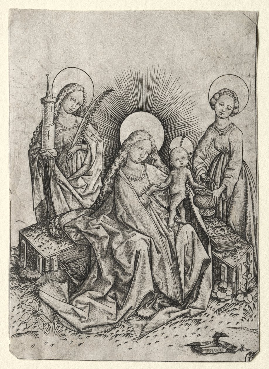 Madonna és gyermek a kertben Szent Borbála és St. Borbála között. Dorothy alkotó: Master ES