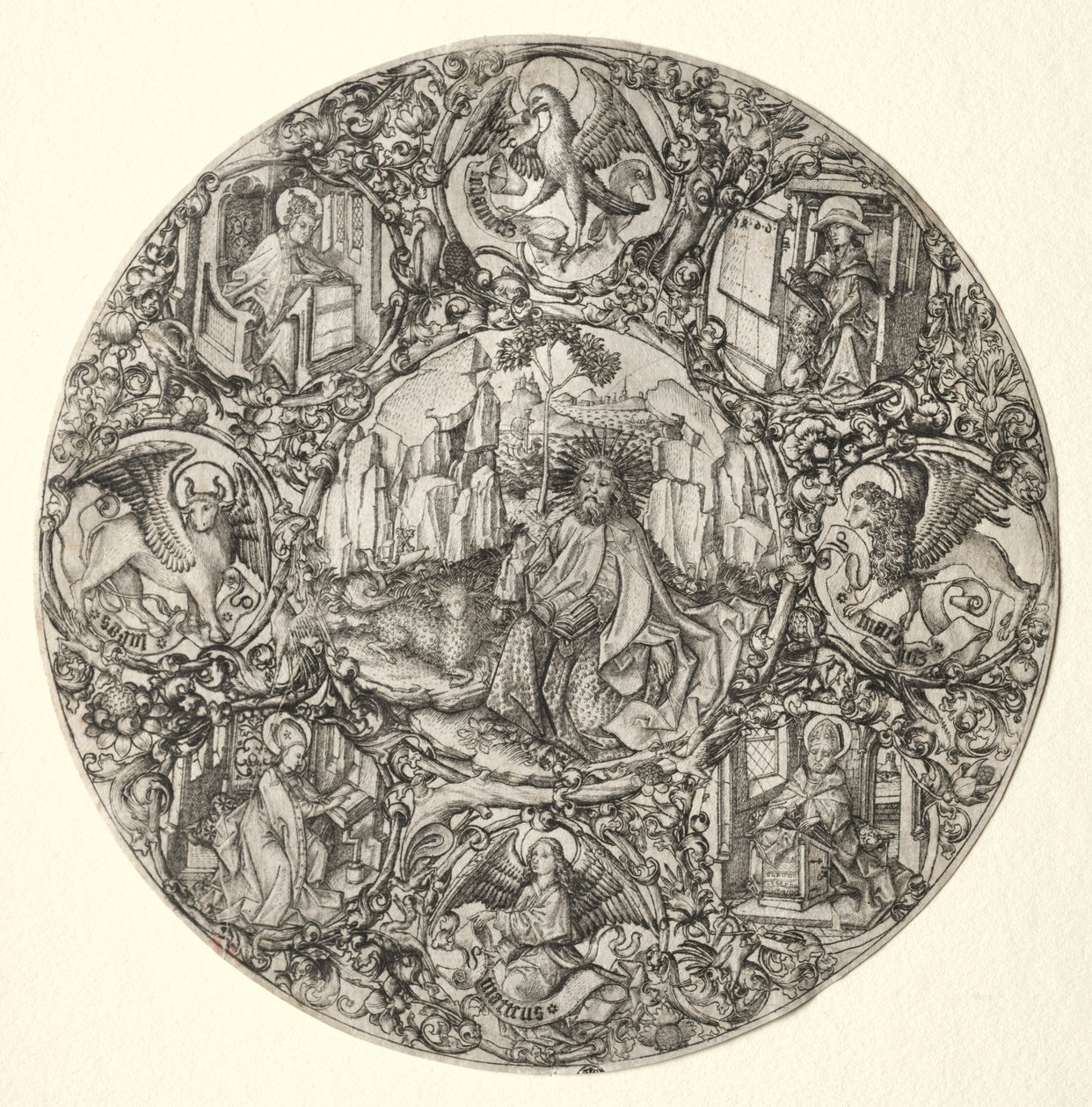 Keresztelő Szent János a latin egyház evangélistái és négy atyja által körülvéve, 1466. alkotó: Master E. S.
