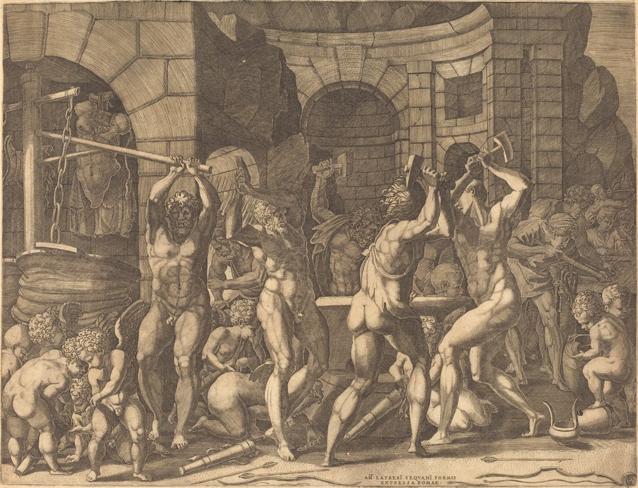 Vulkán és a Küklopok Nyilakat kovácsolnak alkotó: Master FG, after Francesco Primaticcio
