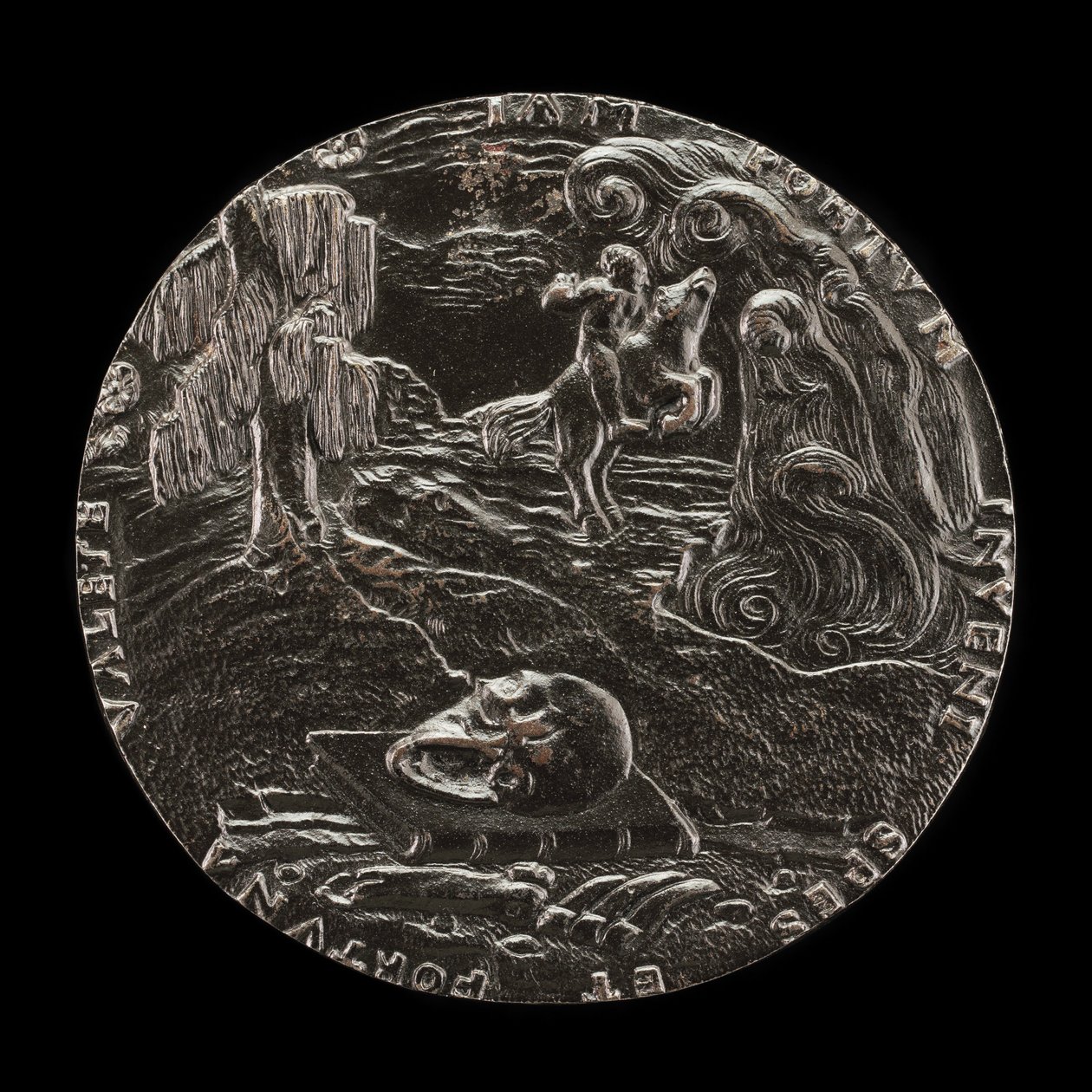 Könyv, koponya, csontok és lovas tájban [fordítva], 1526. alkotó: Master M.P.
