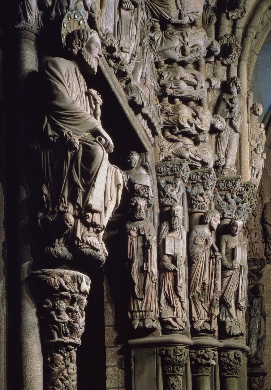 A Szent Jakabot ábrázoló Portico de la Gloria részlete, 12. századi kő alkotó: Master Mateo