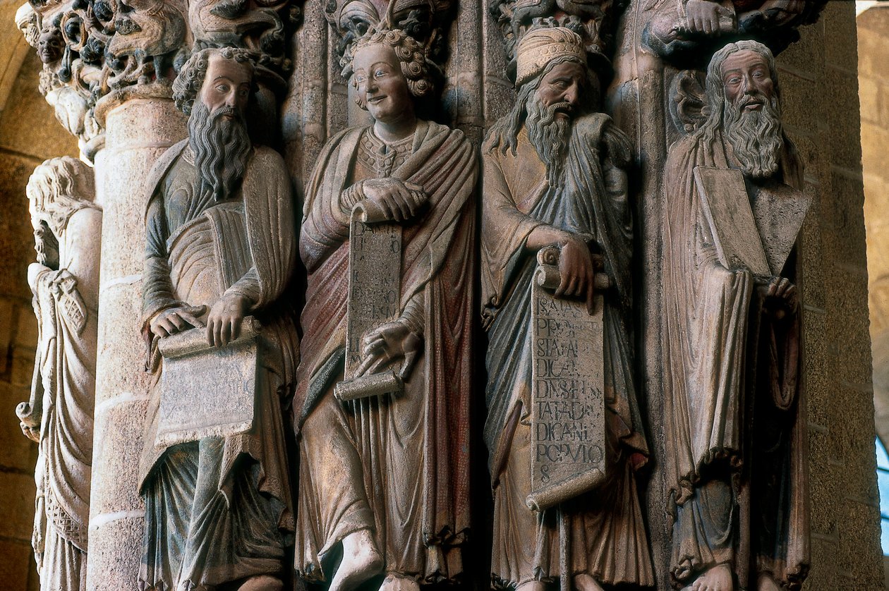 Részlet a dicsőség kapujából (portco de la gloria): Próféták csoportja (jobbról balra Mózes, Ésaiás, Dániel és Jeremiás). Mateo mester készítette (1188) A Santiago de Compostelai katedrális belseje (Santiago de Compostela) (Santiago de Compostela) i alkotó: Master Mateo