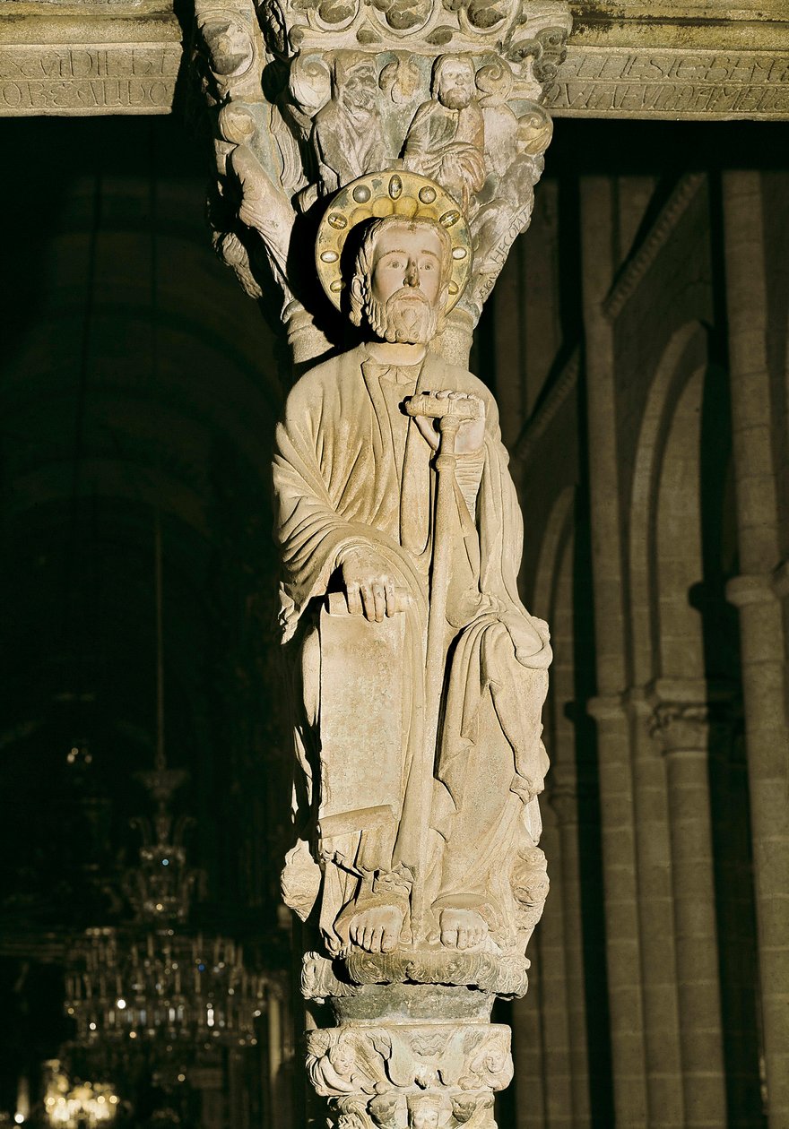 Oszlop Szent Jakab alakjával, Dicsőség kapuja, Cathedrale Santiago de Compostela alkotó: Master Mateo