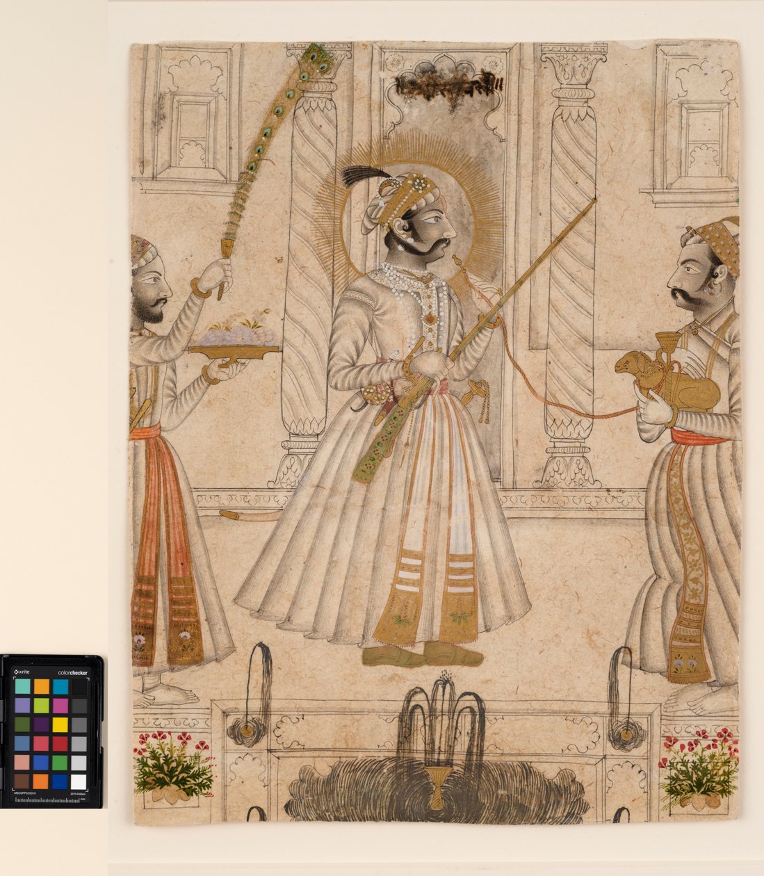 Maharana Amar Singh II bárány alakú vízipipát szívott, 1705 körül (átlátszatlan akvarell és arany papíron) alkotó: Master Stipple