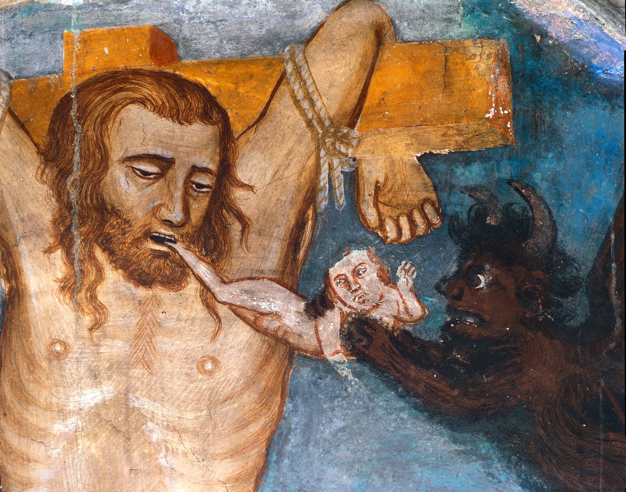 A meg nem tért tolvaj Jézussal együtt feszít, lelkét kitépi a szájából egy démon A gonosz tolvaj ábrázolása Gesmasnak vagy Gestasnak hívja. Freskó a Sacro Speco mesterétől. 14. század. Felsőbbrendű templom. Szent Benedetto kolostor (Sacro Spec alkotó: Master Trecentesco of Sacro Speco School