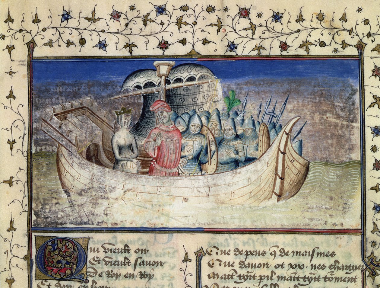 Brutus, a trójai, Britanniába hajózik, Geoffrey of Monmouth (1100-54) Britannia királyainak története című művéből. alkotó: Master Wistace