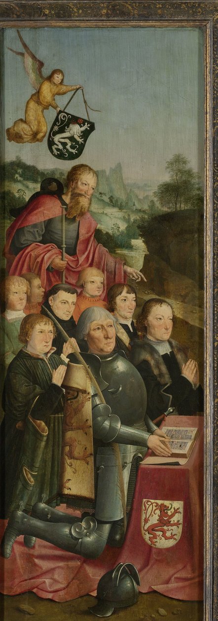 Emléktábla nyolc férfiportréval, valószínűleg Willem Jelysz van Soutelande családjával, Nagy Szent Jakabbal és a Van Soutelande család címerével, egy oltárkép bal belső szárnya alkotó: Master of Alkmaar