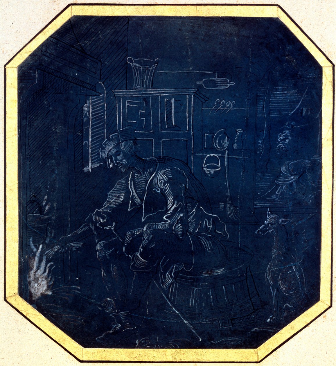 A tékozló fiú a tűz előtt, 16. század eleje. alkotó: Master of Antwerp