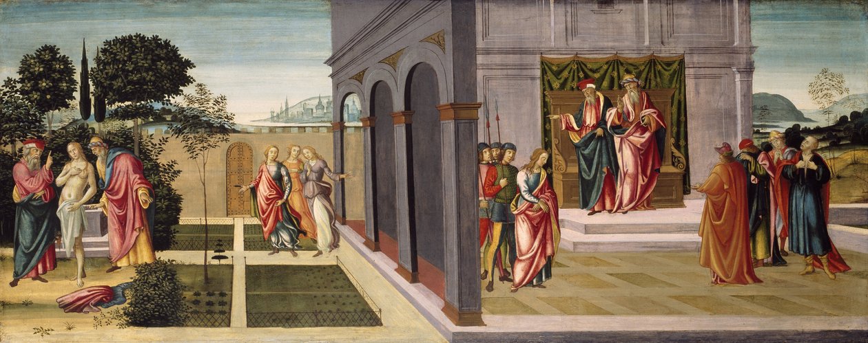 Zsuzsanna és a vének a kertben, valamint Zsuzsanna tárgyalása a vének előtt, 1500 körül alkotó: Master of Apollo and Daphne