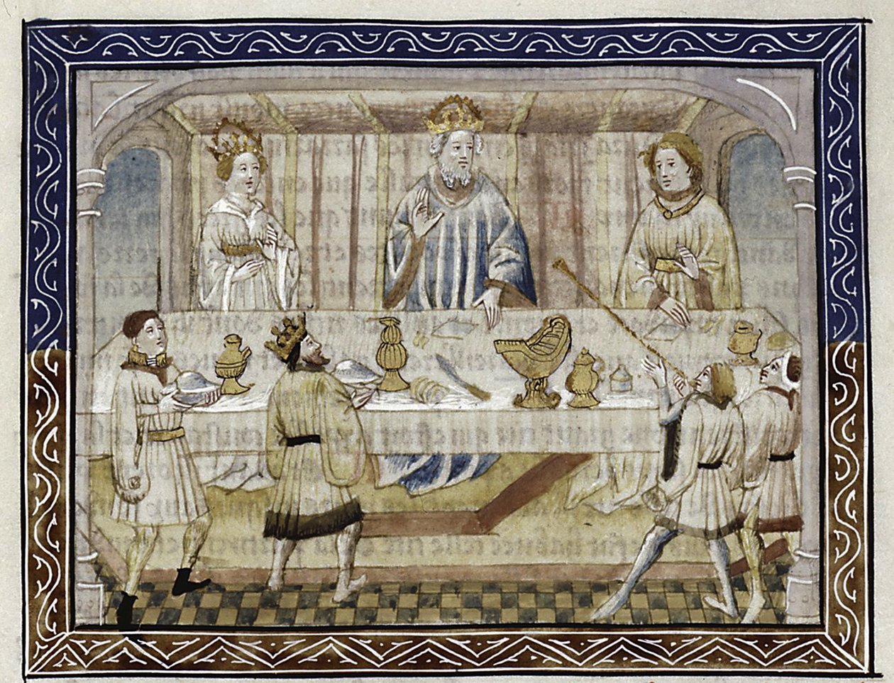 Caesar Augustus, felesége és fia az asztalnál Forrás: Jean Hayton, Történetek virága Kelet földjéről, 1410 körül alkotó: Master of Berry Apocalypse