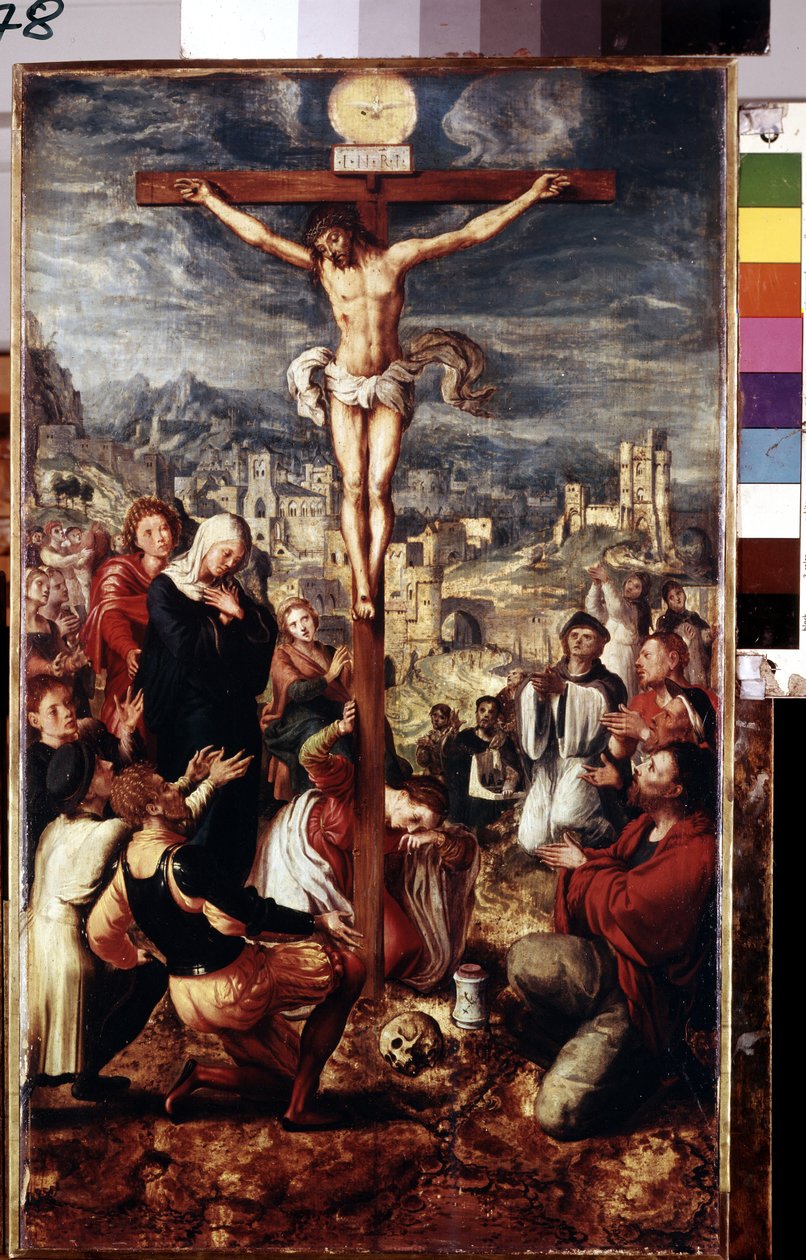Kálvária (Kálvária). Imádság a megfeszített Krisztus körül, háttérben Jeruzsálem városával. „I.N.R.I.” (INRI) felirat a kereszten és a Szentlélek galambja fölött. A Jézus Krisztus körüli szereplők közül: Szűz Mária, szent alkotó: Master of Brunswick