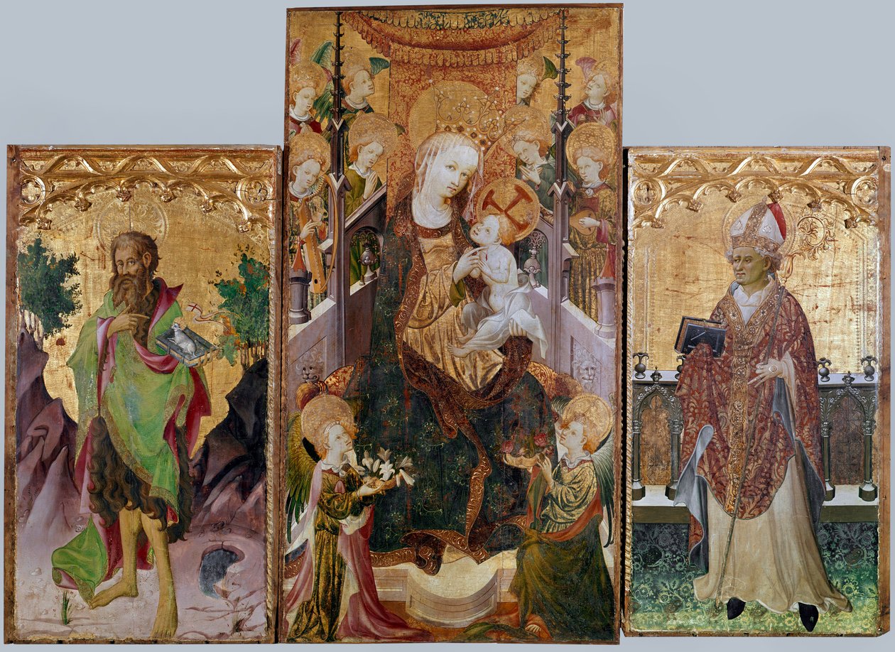 Szűz gyermekkel, Keresztelő Szent Jánossal és Szent Ambrusszal - Háromtáblás oltárkép, 1430 körül alkotó: Master of Burgo de Osma