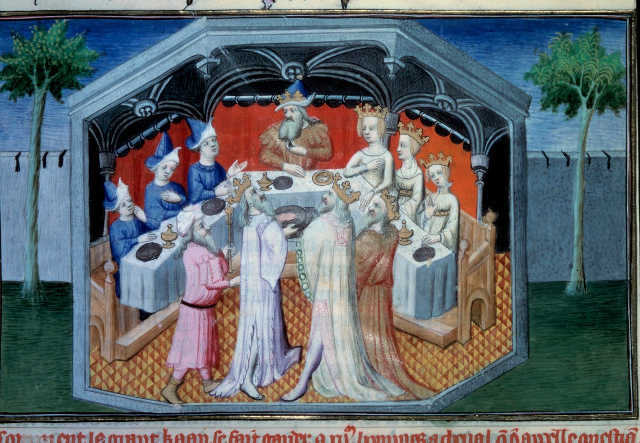 Nicolo és Matteo Polo testvéreket, a fiatal Marco Polo (1254-1324) apját és nagybátyját a Qubilai (Kubilai kán, a mongol Yuan-dinasztia első császára (1215-1294), mongol császár 1271-ben) udvarában fogadták. Miniatűr a „”-ból alkotó: Master of Egerton