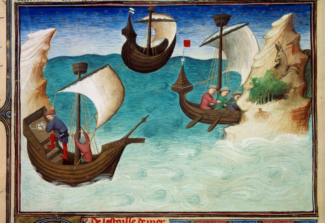 Navigátorok az Indiai-óceánon csillagokkal és asztrolábiumokkal orientálva. Miniatűr „A világ csodáinak könyvében”, Ms. 2810, 188v fólió Egerton mestere által, John (Jehan) de Mandeville (1300? 1382) írása. 1410-1412 körül. BN, Párizs alkotó: Master of Egerton