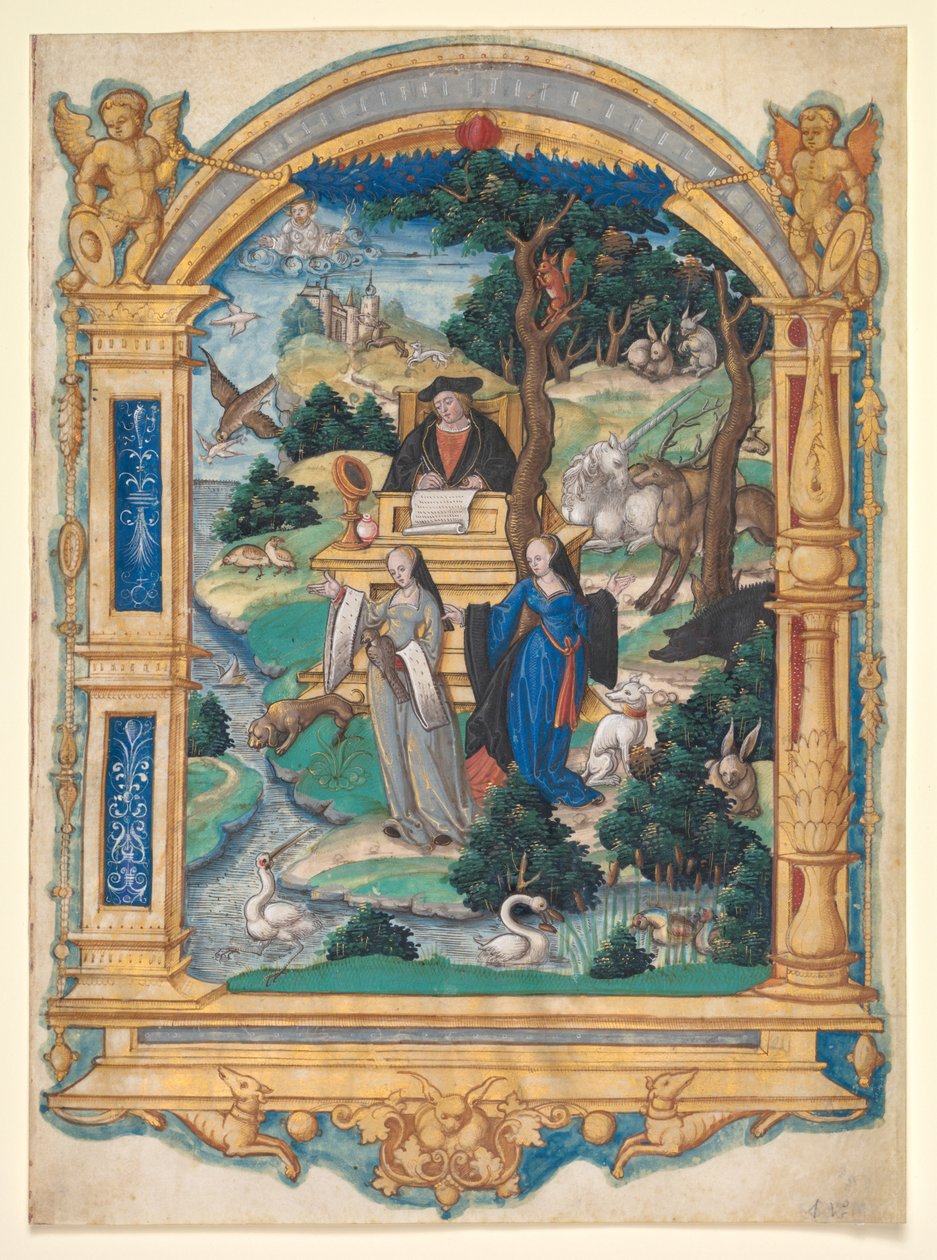 Miniatűr előlap Guillaume Crétin versének kéziratából: Két nő vitája alkotó: Master of Francis I