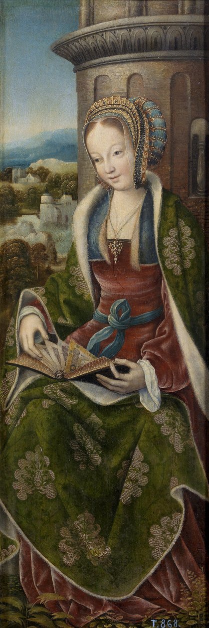 Barbe la grande martyre – A Szent Család triptichonja zenélő angyalokkal. Jobb oldali panel: Saint Barbara par Master of Frankfurt (1460-kb. 1533), kb 1510-1520 - Olaj, fa, 79x27 - Museo del Prado, Madrid alkotó: Master of Frankfurt