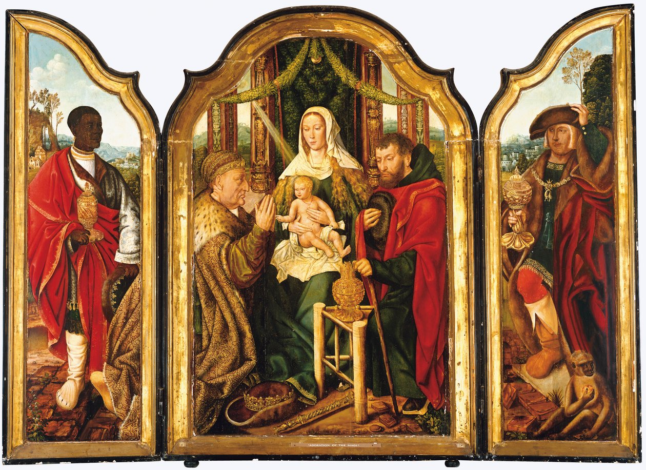 A Szent Család Melchiorral aranyat ajánl fel a gyermek Krisztusnak alkotó: Master of Frankfurt