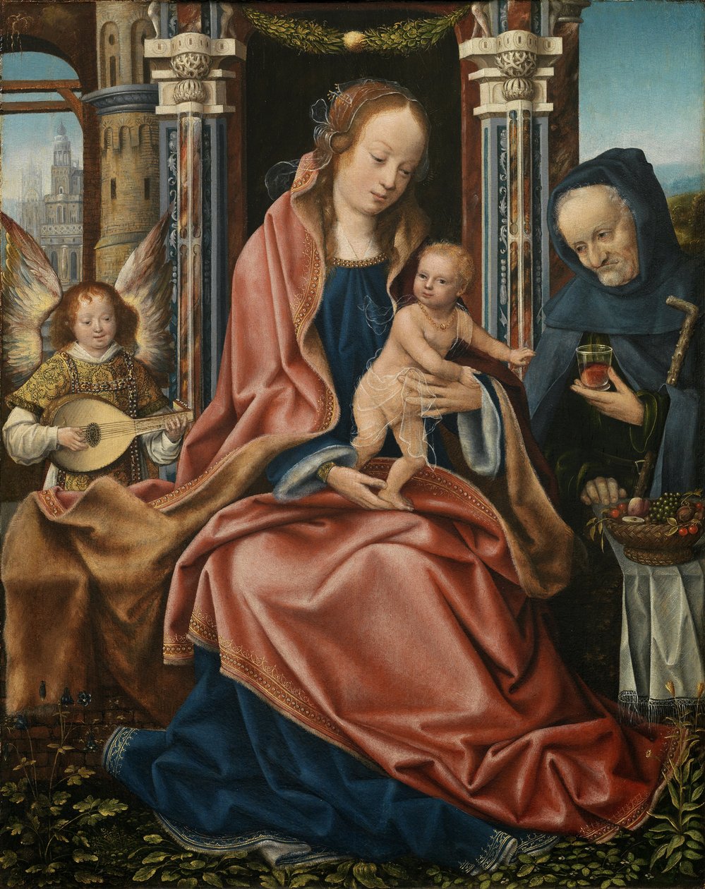 A Szent Család triptichonja zenélő angyalokkal. Központi panel, kb 1510-1520 alkotó: Master of Frankfurt