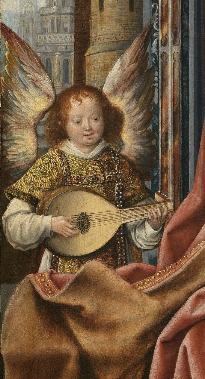 A Szent Család triptichonja zenélő angyalokkal. Részlet: Az angyal, kb 1510-1520 alkotó: Master of Frankfurt