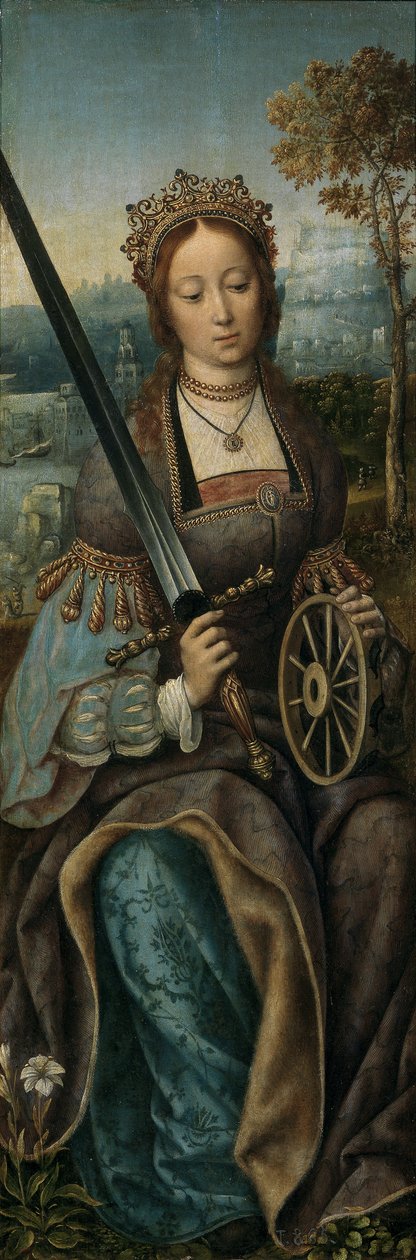 A Szent Család triptichonja zenélő angyalokkal. Bal oldali panel: Szent Katalin, kb. 1510-1520 alkotó: Master of Frankfurt