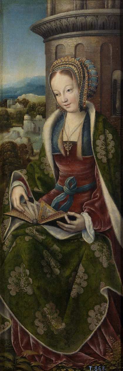 A Szent Család triptichonja zenélő angyalokkal. Jobb oldali panel: Szent Borbála, kb. 1510-1520 alkotó: Master of Frankfurt