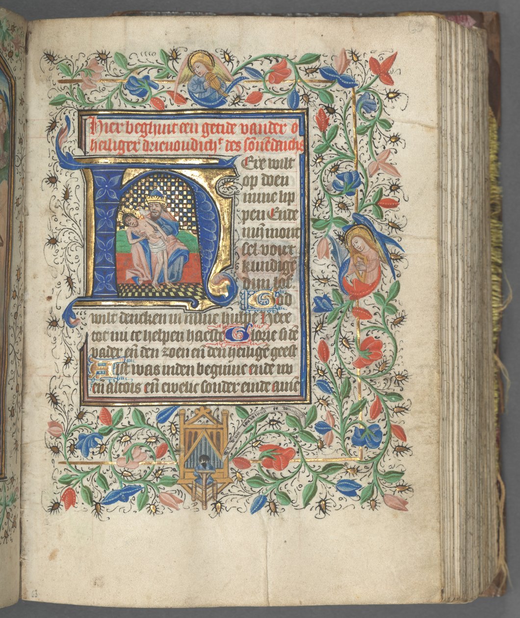 Órakönyv Utrecht használata: fol. 63r, iniciálé Szentháromsággal, c. 1460-1465. alkotó: Master of Gijsbrecht van Brederode