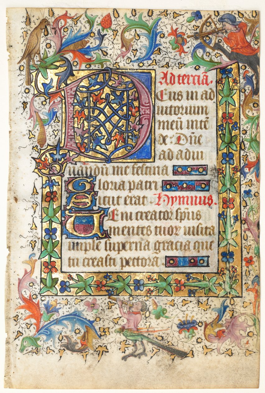 Levél egy Órakönyvből: D[eus] kezdetű díszített foltos szegéllyel..., 1430-as évek. alkotó: Master of Guillebert de Mets