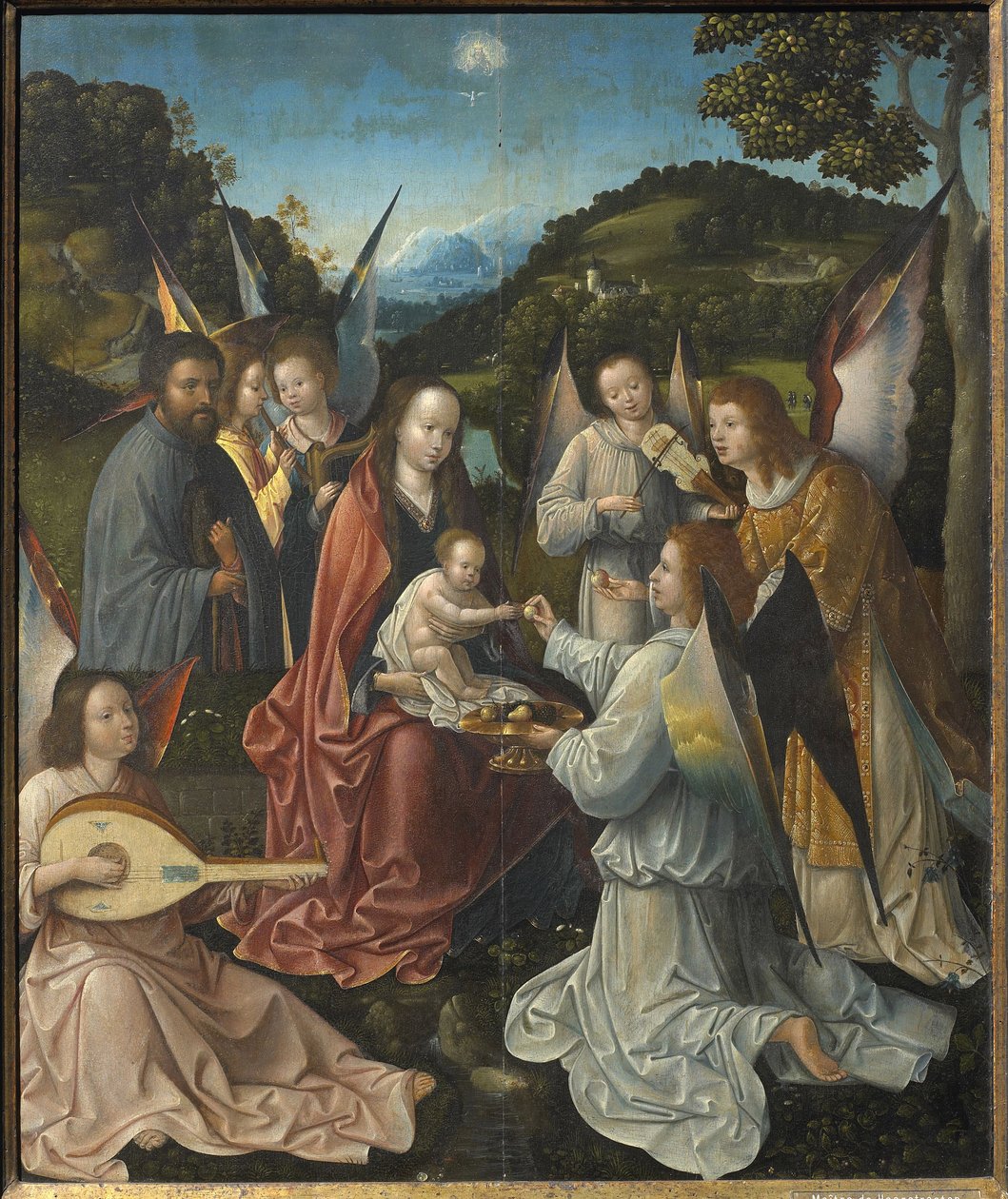 Szent család angyalokkal és szentekkel Katalin és Barbara Triptichon, központi tábla, 16. század. alkotó: Master of Hoogstraeten