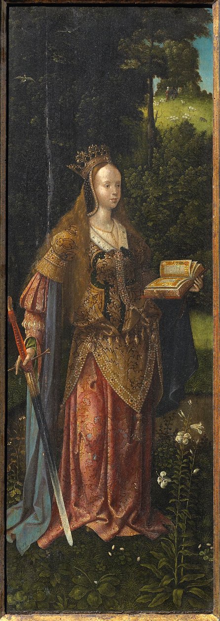 Szent Katalin. Szent család angyalokkal és szentekkel Katalin és Barbara Triptichon, 16. század. alkotó: Master of Hoogstraeten