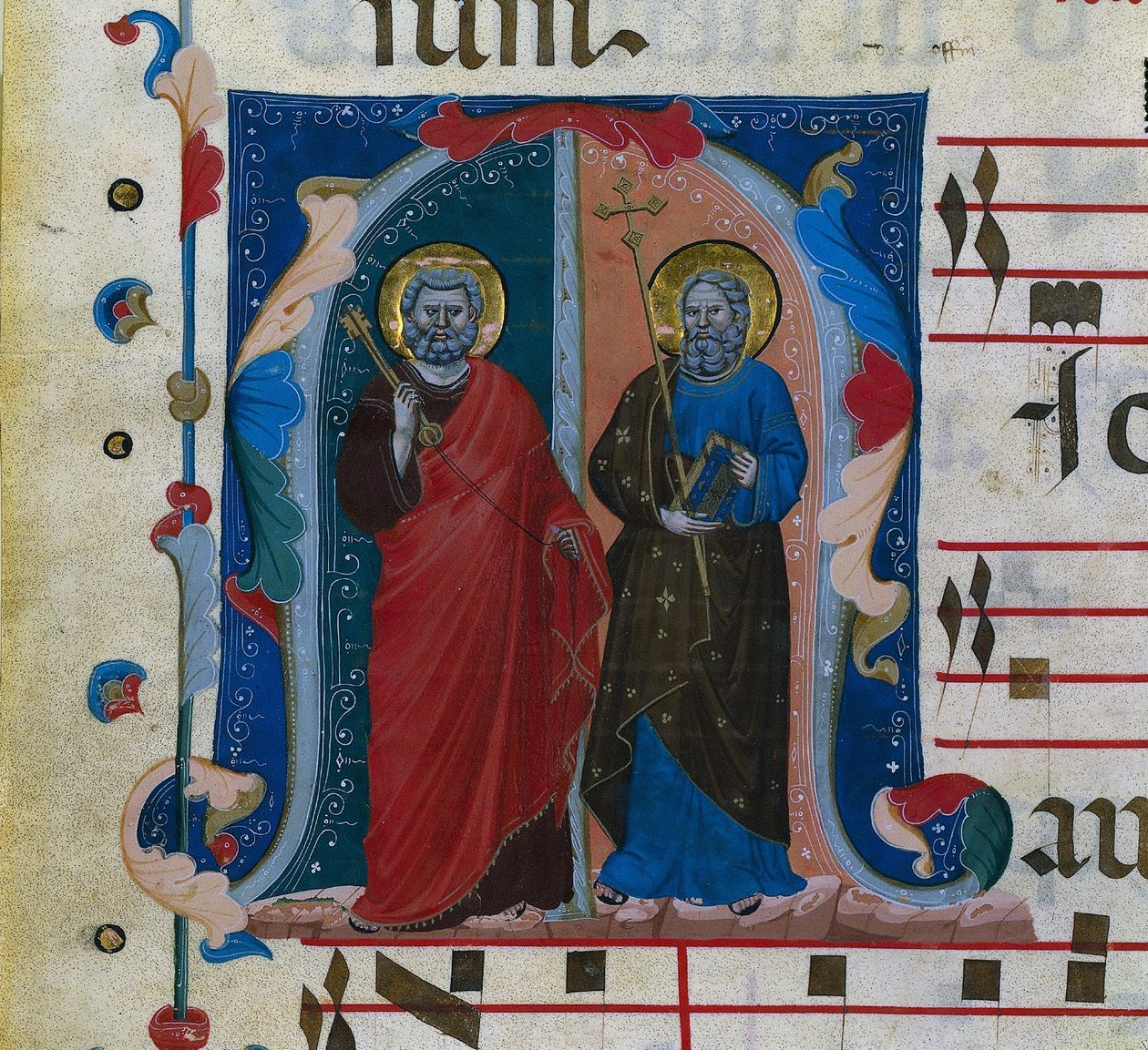 Levél egy Graduálról Historiated Initial M: SS. Péter és András, c. 1320-1340. alkotó: Master of Isaac and Esau