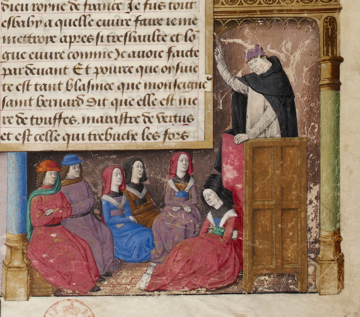 Jacques de Voragine prédikációja, az Aranylegenda kéziratának címlapjáról készült miniatúra részlete. alkotó: Master of Jacques de Besançon