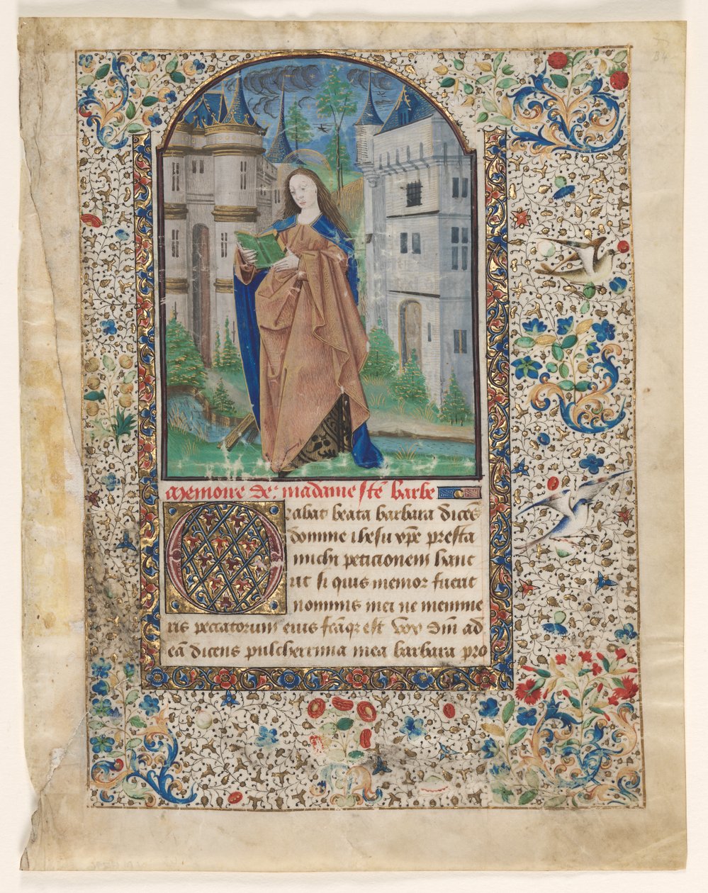 Levél az órák könyvéből: Szent Borbála (2/2 kivágott levél) alkotó: Master of Jacques de Luxembourg