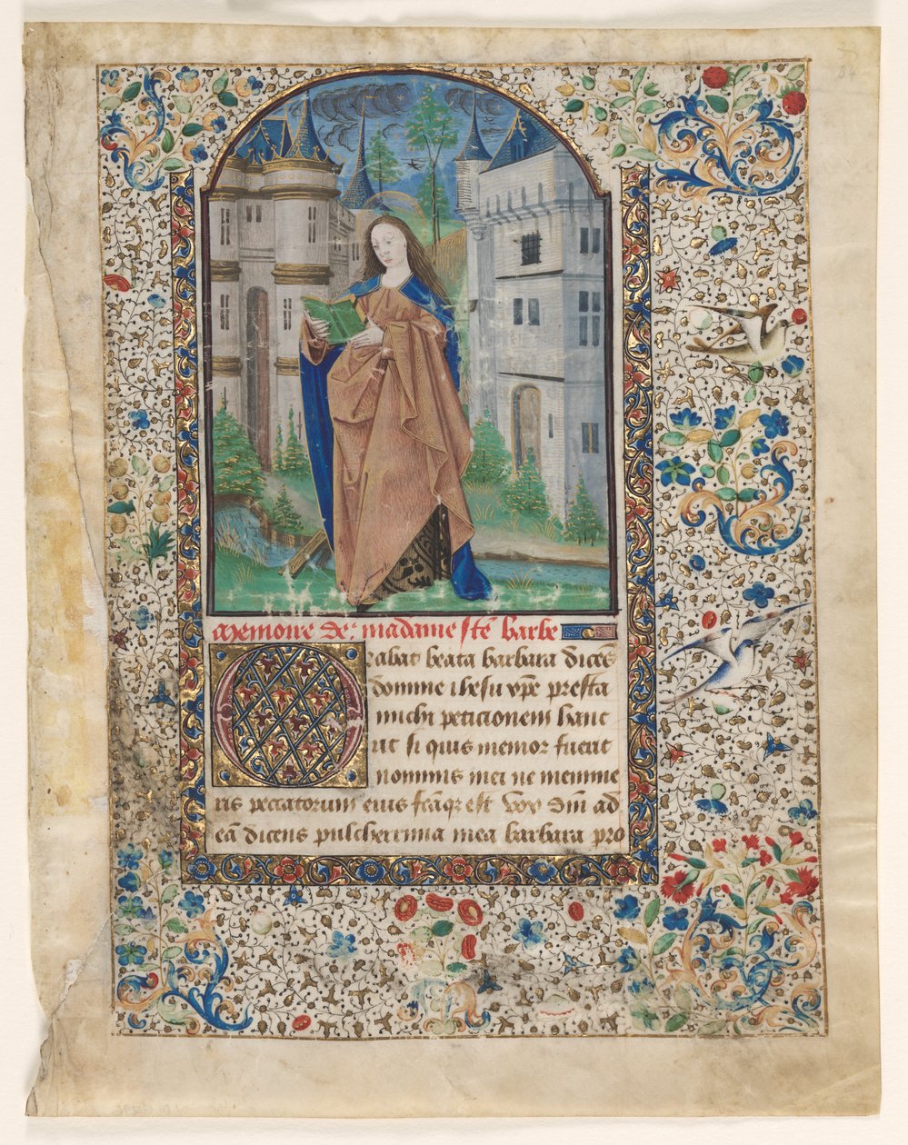 Levél az órák könyvéből: Szent Borbála 2/2 kivágott levél, c. 1465. alkotó: Master of Jacques de Luxembourg