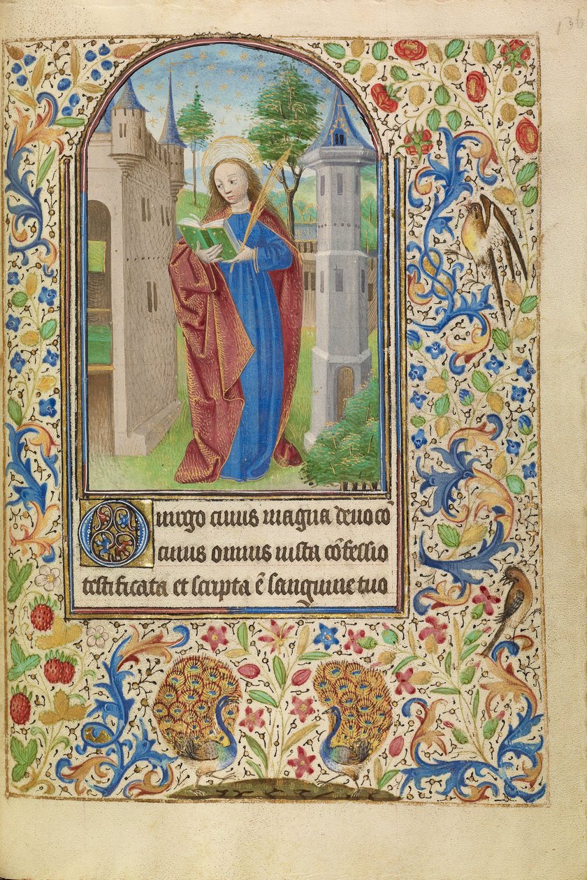 Szent Barbara könyvvel és mártírpálmával egy torony előtt alkotó: Master of Jacques of Luxembourg