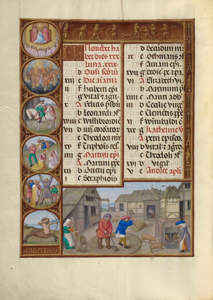 Novemberi naptár oldal; Trágyázás és disznótartás; Nyilas alkotó: Master of James IV of Scotland