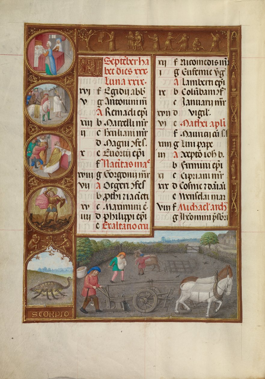 Szeptemberi naptár oldal; Szántás és vetés; Skorpió alkotó: Master of James IV of Scotland