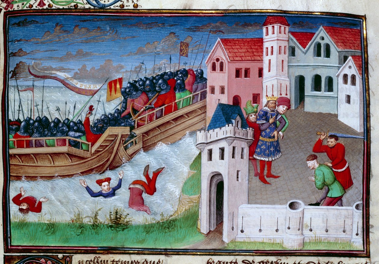 Csatajelenet és lefejezés. Illusztráció Giovanni Boccaccio (Jean Boccace) „The Decameron” című regényéből alkotó: Master of Jean Mansel
