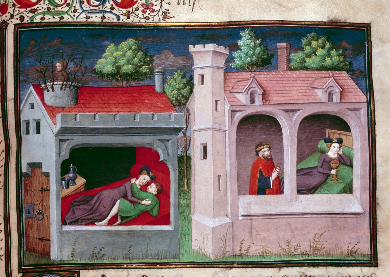 Galáns jelenet: két pár beszélget. Giovanni Boccaccio dit Jean Boccace (1313-1375) olasz író „Decameron” francia nyelvű kéziratának oldala, Mansel mestere által megvilágított. 1450. Párizs, Arzenál könyvtára alkotó: Master of Jean Mansel